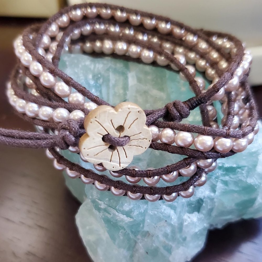 Faux pink pearl wrap bracelet